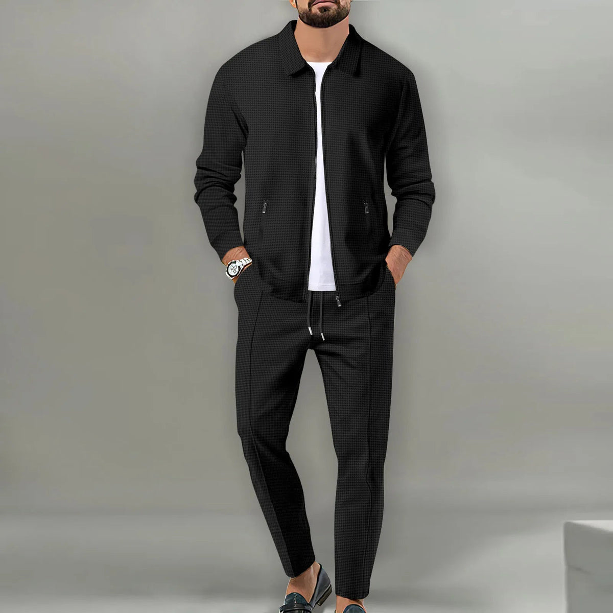 2026 Coat Fall Waffle Zip Pocket Lapel Slim Cardigan Men's Jacket Set Good Vibrations