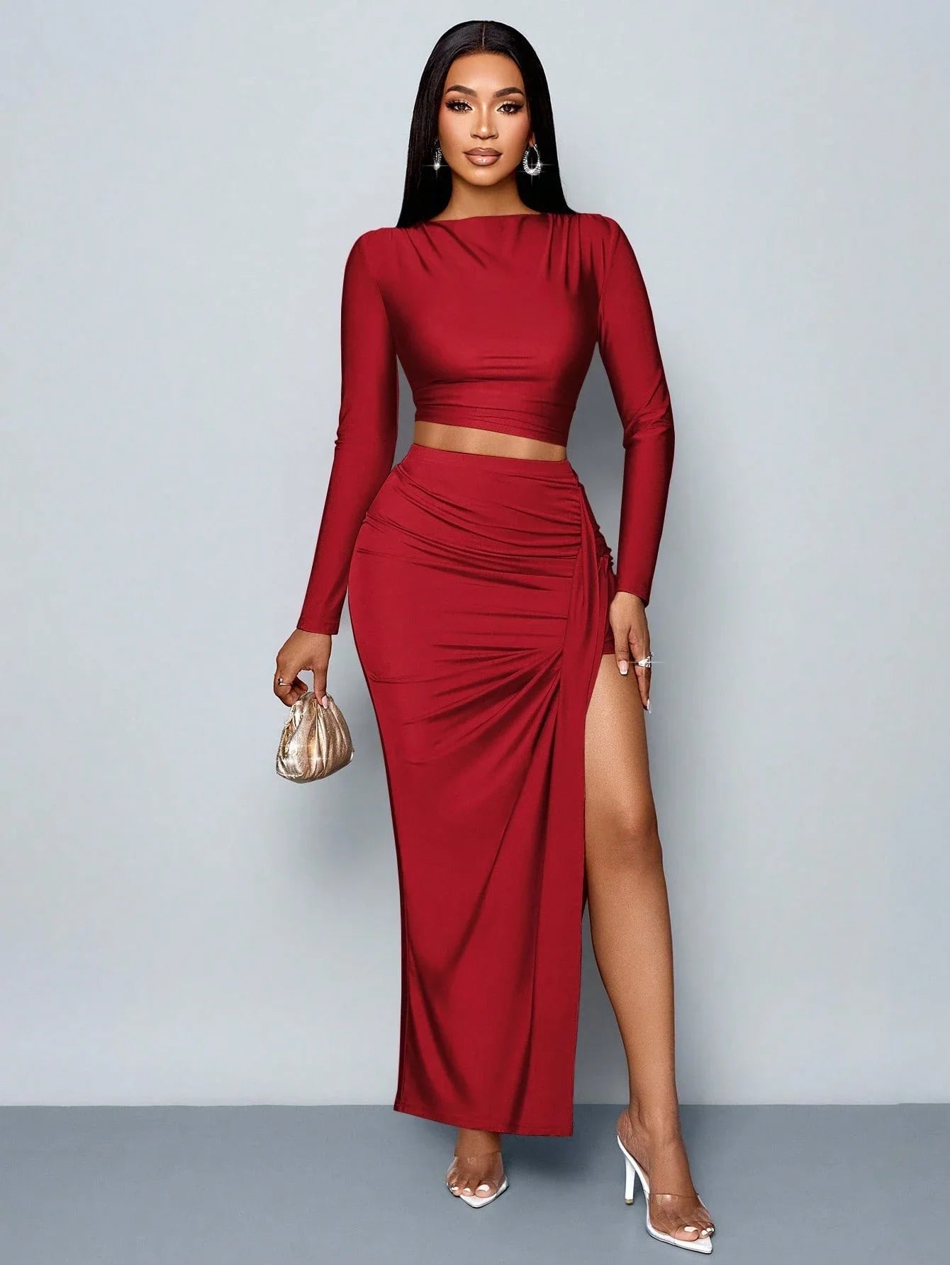 Women's Two-piece Set: Solid Color Elegant Leisure Simple Asymmetric Collar Long-sleeve T-shirt and Fitted Pleated Side Slit Lon Good Vibrations