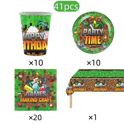 Mineres Craftings Party Decorations World Game Tableware Cup Plate Balloon Tablecloth Boys Birthday Party Supplies Kids Gift Good Vibrations