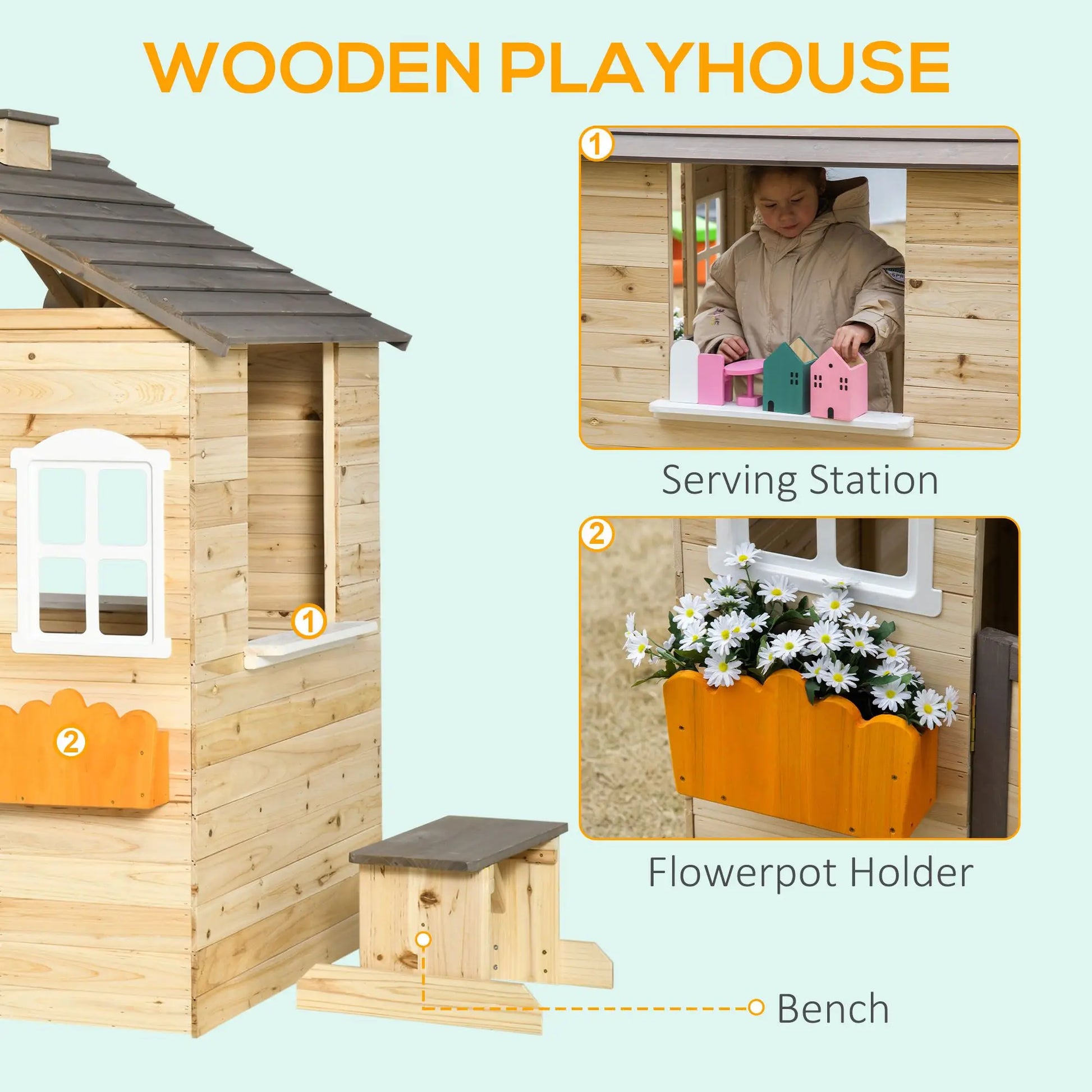 Kids Outdoor Wooden Playhouse, Garden Adventure Cottage, Door, Service Station, Flower Pot Holder Good Vibrations