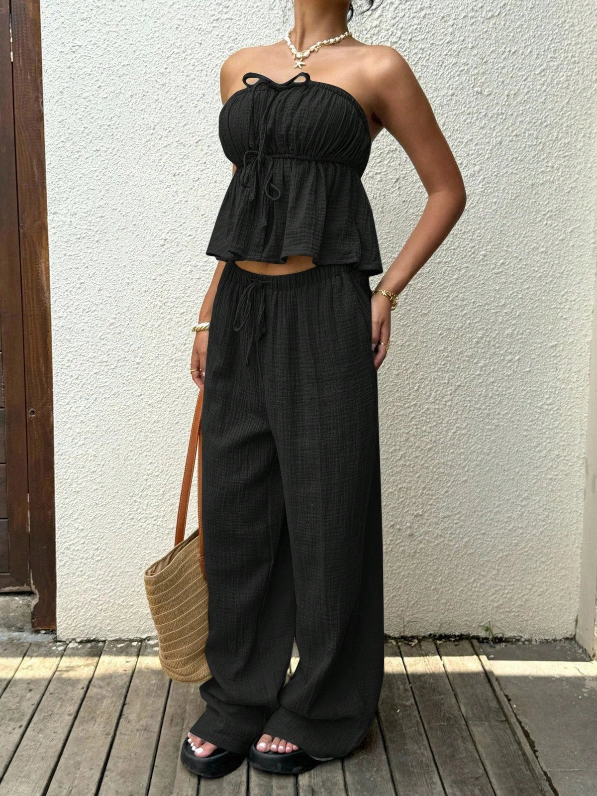 2 Piece Sets Woman Outfits, New Women's Casual Two-Piece Lace Up Top and Pants Good Vibrations
