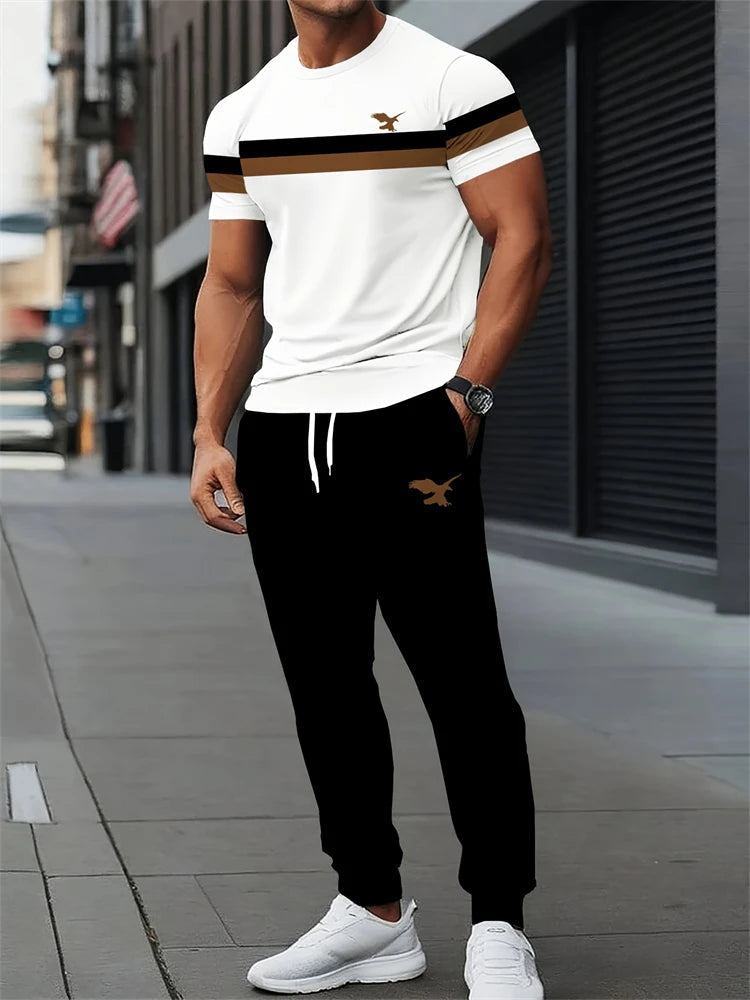 Men's Spring/Fall Two-Piece Set Crew Neck Short Sleeve Top With Relaxed Fit Casual Pants Outdoor Streetwear Minimalist Style Set Good Vibrations