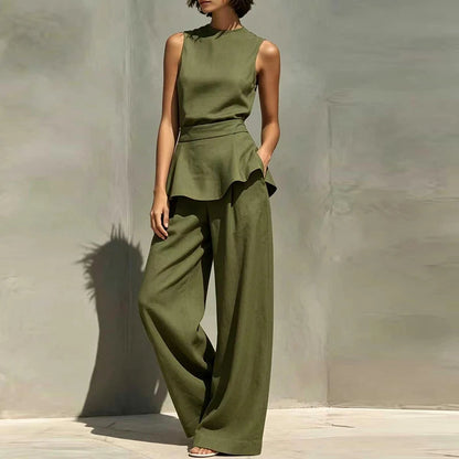 Office Lady Outfits Women Fashion Two Piece Set Summer Sleeveless O Neck Vest Sleeveless Shirt High Waist Pants Suit Work Wear Good Vibrations