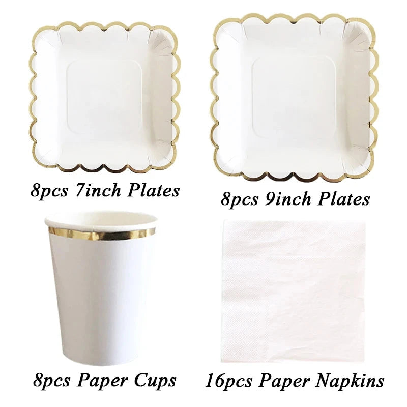 White Disposable Tableware Set Party Gold Paper Plate Wedding Necessitie Birthday Party Baby Shower Decorations Wedding Supplies Good Vibrations
