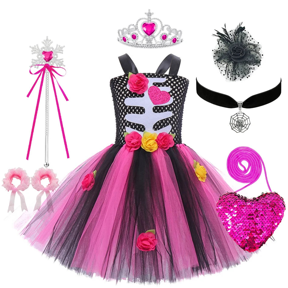 Halloween Kids Dress Cosplay Heart Print Skeleton Costumes Girls Floral Skull Tutu Clothes Children Carnival Performance Outfits Good Vibrations