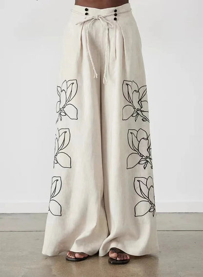Women Lounge Sets Cotton Linen Stand Collar Lantern Sleeve Loose Flower Tops Wide Leg Oversize Pants Suit Casual Women Outfits Good Vibrations