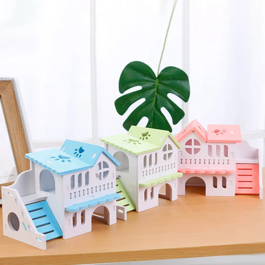 Hamster House Toy Pet Small Animal Hideout Hamster Wooden House 2 Layers With Ladder Design Wooden Hut Play Toys Good Vibrations