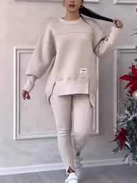 Women's Casual Sweatshirt Sports Set Autumn Winter Fashion Solid Loose Irregular Sweatshirt Top And Slim Trouser Two Piece Sets Good Vibrations