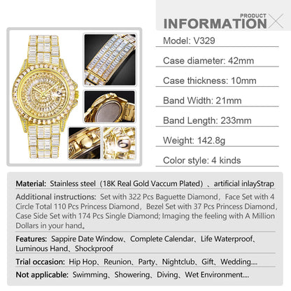 Full Iced Out Watches For Men Luxury Handmade Mosaic Diamond Silver Steel Watch Fashion Hip Hop Silver Automatic Date Male Clock Good Vibrations