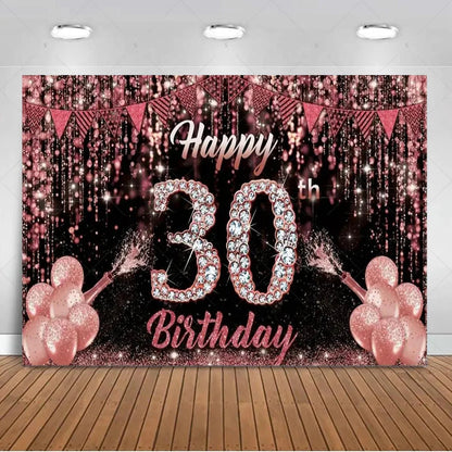 30th Birthday Party Decor Background Pink Black Gold Glitter Woman Man 30 Years Old Photography Backdrop Supplies Adult Gifts Good Vibrations