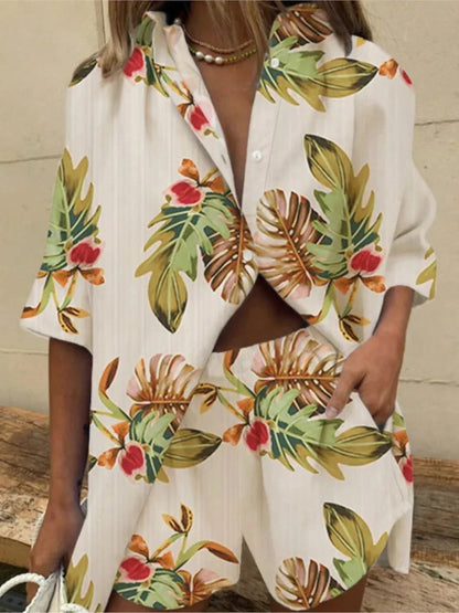 Two Piece Short Sets Women Summer Casual Print Short Sleeve Shirts 2 Piece Set Shorts Fashion Loose Office Shirts Suit Outfites Good Vibrations
