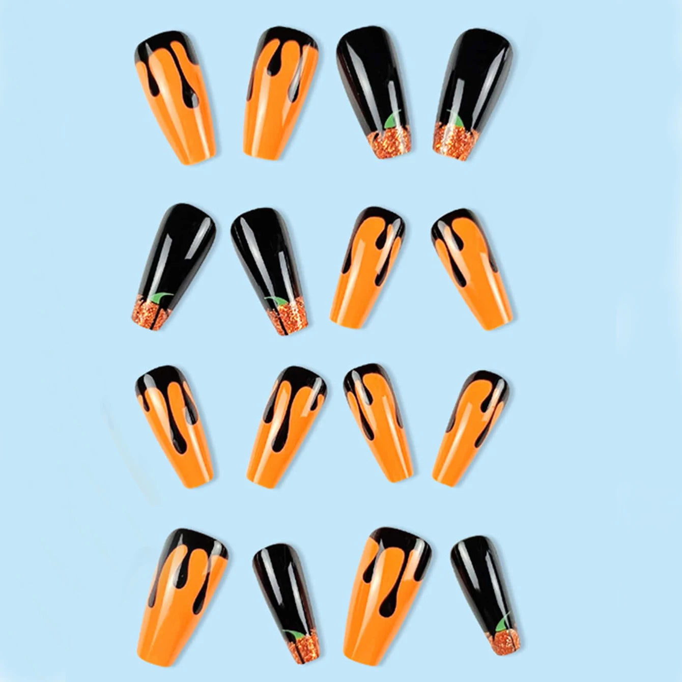 24PCS Halloween Fake Nails Black Water Droplet Shape With Pumpk in Acrylic Nails Press on Nails Gifts For Women And Girls Good Vibrations