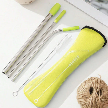 7pcs Eco-Friendly Stainless Steel Straw Set With Silicone Tips, Cleaning Brush & Storage Bag - Reusable Drinking Accessories Good Vibrations