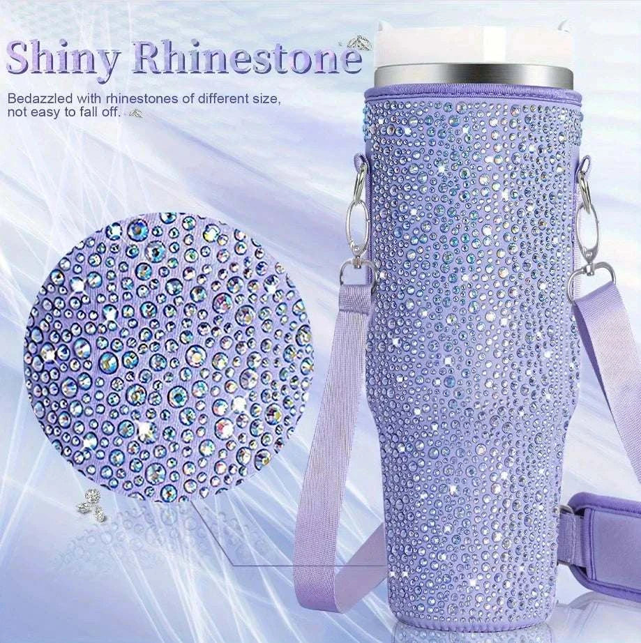 Purple shiny rhinestone lanyard cup protection case bag for Stanley 40oz vacuum bottle with detachable strap
