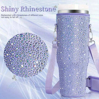 Purple shiny rhinestone lanyard cup protection case bag for Stanley 40oz vacuum bottle with detachable strap