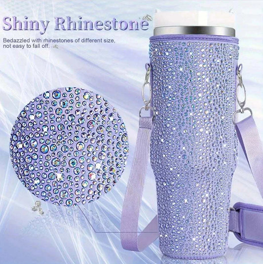 Purple shiny rhinestone lanyard cup protection case bag for Stanley 40oz vacuum bottle with detachable strap