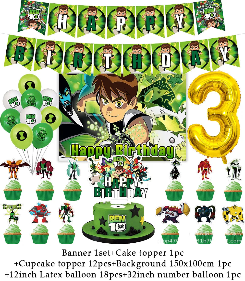 Cartoon Ben-10 Birthday Party Decoration Balloons Favor Set Banner Cake Toppers Baby Shower Boys Gift Party Supplies Photo Prop Good Vibrations