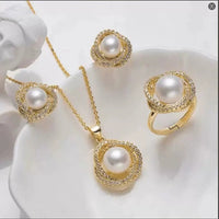 Chic 18K Gold Plated Eco-friendly Brass Pearl Jewelry Set Pearl Earring Necklace Ring For Women Elegant Accessories Dropshipping Good Vibrations