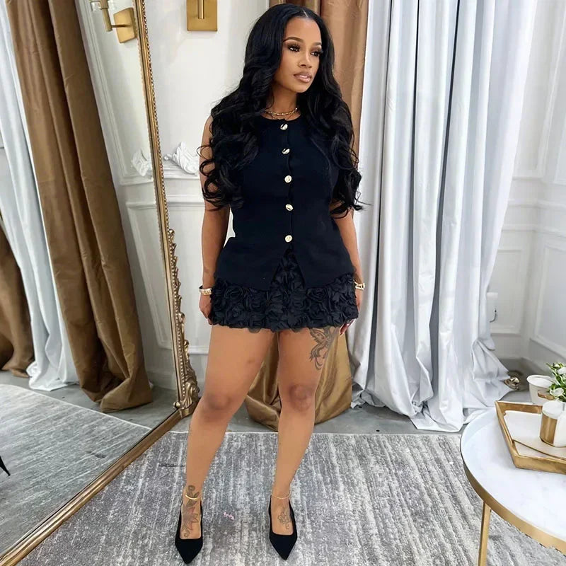 Elegant Club Outfits for Women Two Piece Set Spring Summer Sleeveless Single-breasted Top and Floral Mini Skirt Matching Sets Good Vibrations