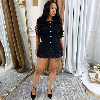 Elegant Club Outfits for Women Two Piece Set Spring Summer Sleeveless Single-breasted Top and Floral Mini Skirt Matching Sets Good Vibrations