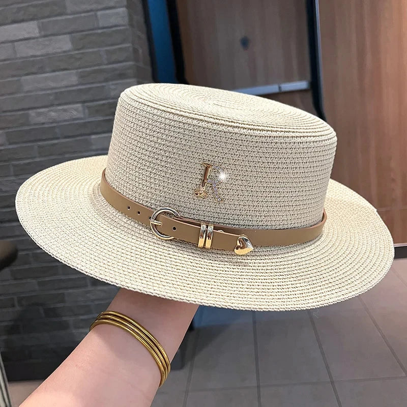 Summer Sun Hat Flat Top Straw Hats for Women New Metal R Letter Fashionable Beach Sun Hat Females Travel Holidays Boater Hat Good Vibrations