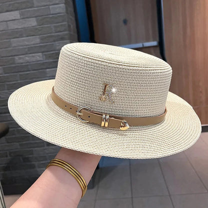 Summer Sun Hat Flat Top Straw Hats for Women New Metal R Letter Fashionable Beach Sun Hat Females Travel Holidays Boater Hat Good Vibrations