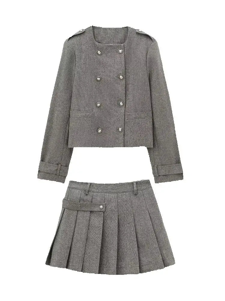 Women Wide Pleated Mini Skirt Sets For Women 2 Pieces Fashion Double Breasted Short Jacket Women 2 Pieces Women Outfit Good Vibrations