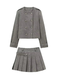 Women Wide Pleated Mini Skirt Sets For Women 2 Pieces Fashion Double Breasted Short Jacket Women 2 Pieces Women Outfit Good Vibrations