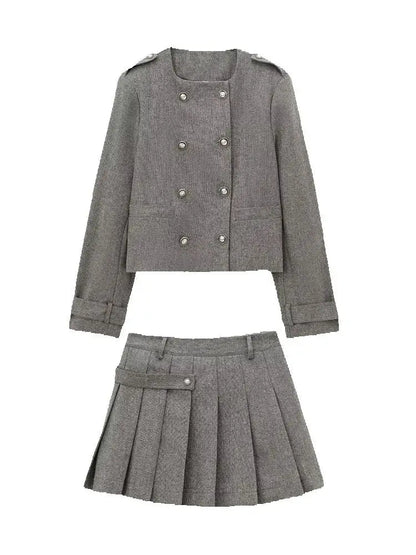 Women Wide Pleated Mini Skirt Sets For Women 2 Pieces Fashion Double Breasted Short Jacket Women 2 Pieces Women Outfit Good Vibrations