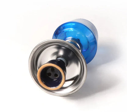 Mini Glass Shisha with ceramic bowl and hose in blue color.