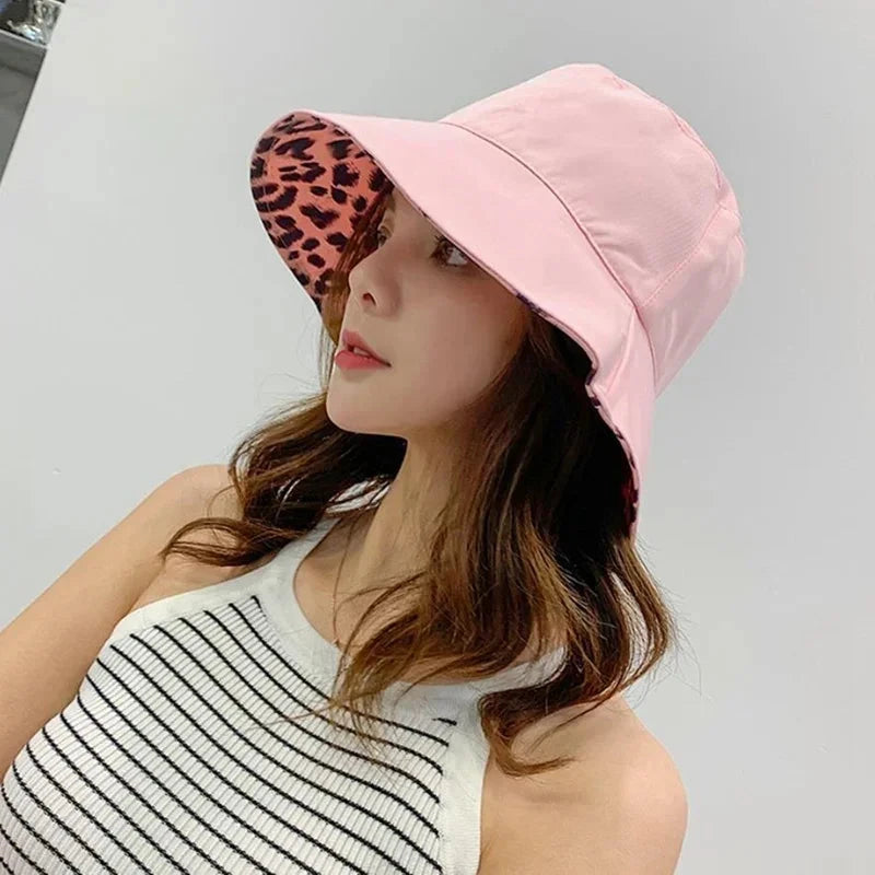Flattop Ladies' Hat Street Women Leopard Print Bucket Comfortable Breathe Foldable Beach Flat Top Sun Fishing Hats for Women Good Vibrations
