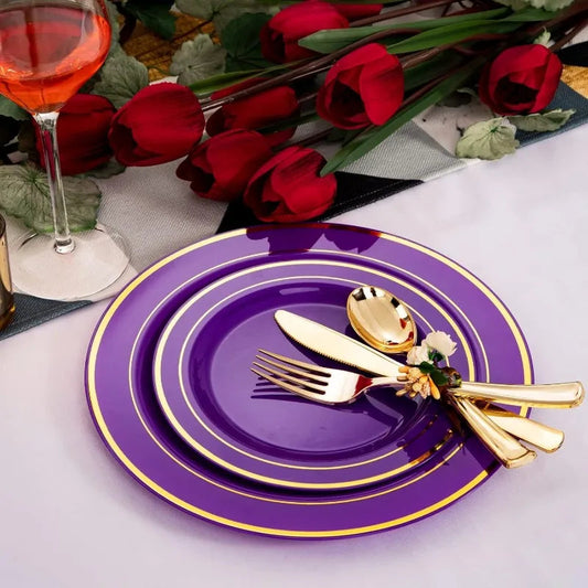200PCS Halloween Purple Gold Plastic Plates with Gold Plastic Silverware,Purple Plastic Dinnerware Good Vibrations