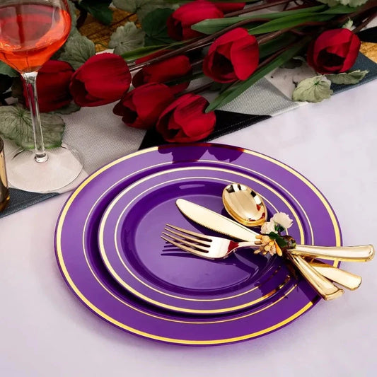 200PCS Halloween Purple Gold Plastic Plates with Gold Plastic Silverware,Purple Plastic Dinnerware Good Vibrations