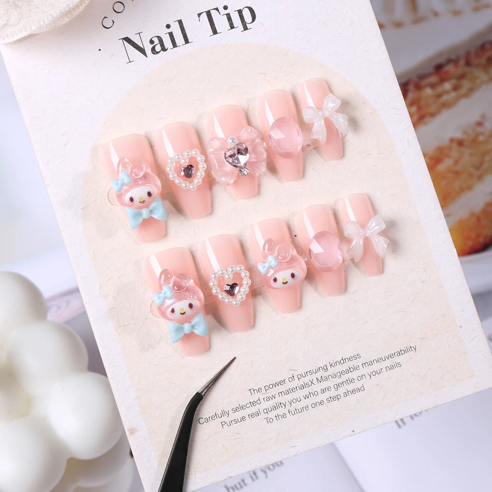 Sanrio Kawaii Pink My Melody Fake Nails 24Pc 3D kuromi Anime Cute Nail Patches False Nail Tips Cartoon Y2K Fashion Press on Nail Good Vibrations