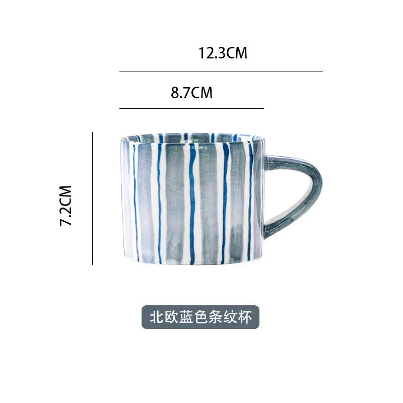 Ceramic Coffee Mug Three-piece Set Hand-painted Striped Mug Afternoon Camellia Tea Mug Breakfast Milk Oatmeal Mug Cake Plate New Good Vibrations