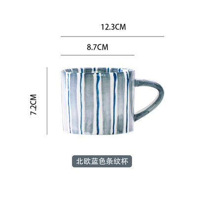 Ceramic Coffee Mug Three-piece Set Hand-painted Striped Mug Afternoon Camellia Tea Mug Breakfast Milk Oatmeal Mug Cake Plate New Good Vibrations