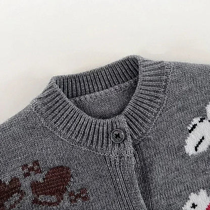 Children's Round Neck Sweaters Autumn New Dog Pattern Baby Clothings Japanese and Korean Grey Knitted Sweaters Cute Top Cardigan Good Vibrations