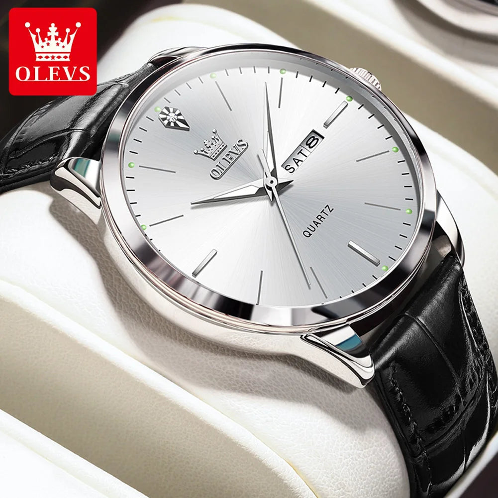 OLEVS 2935 Fashion Business Brand Men Watches Leather Strap Trend Week Calendar Quartz Watch Luminous Waterproof 43mm Dial Good Vibrations