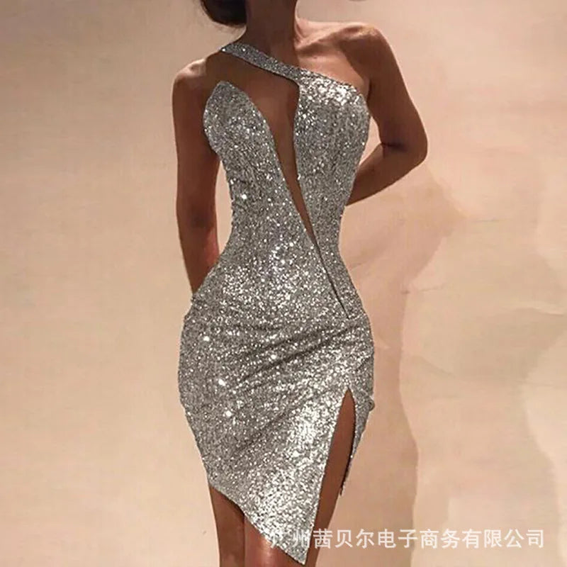 Fashion Sexy Womens Dresses 2023 New One Shoulder Split Dress Womens Sleeveless Dress Good Vibrations