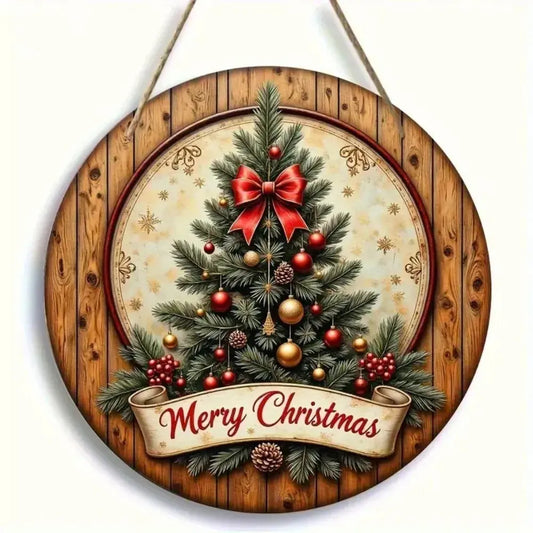 Vintage Style Christmas Tree - Circular Wooden Hanging Sign, Suitable for Family Dining Rooms, Living Rooms, Holiday Decorations Good Vibrations
