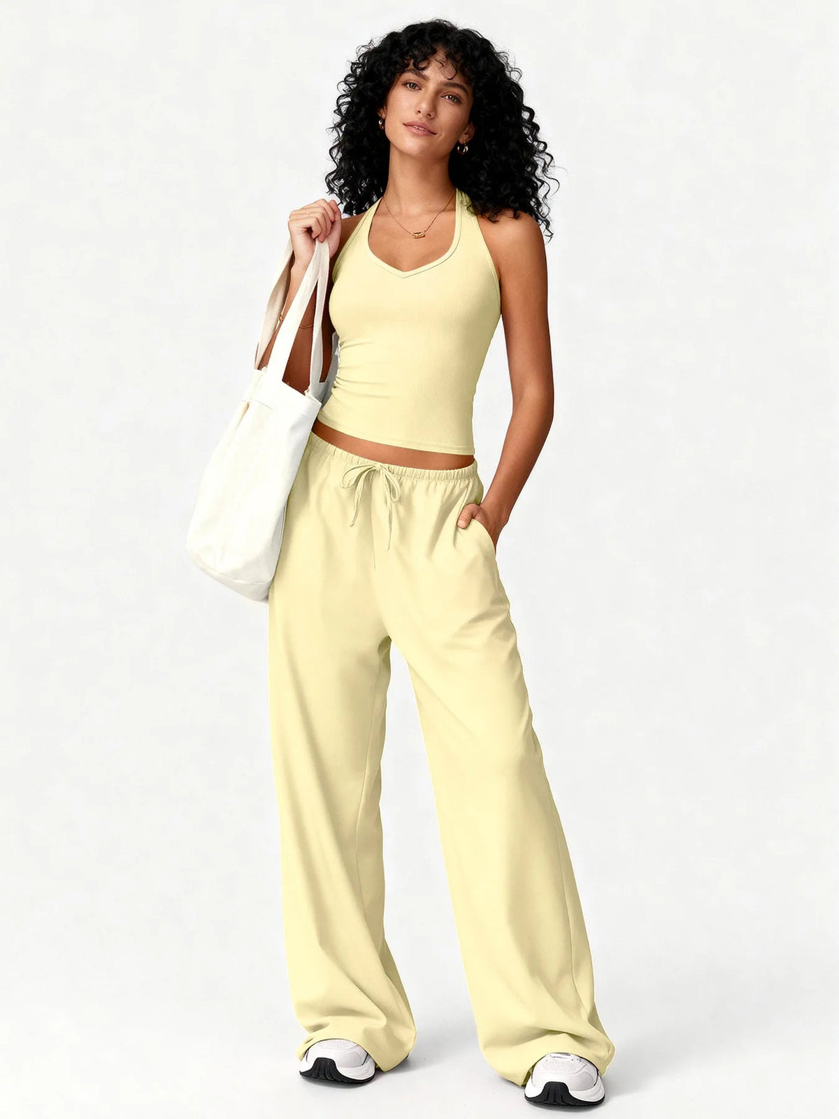 Women 2 Piece Yoga Outfit Ribbed Halter Crop Tank Top Drawstring Wide Leg Pants Set Casual Workout Gym Loungewear Tracksuit Good Vibrations