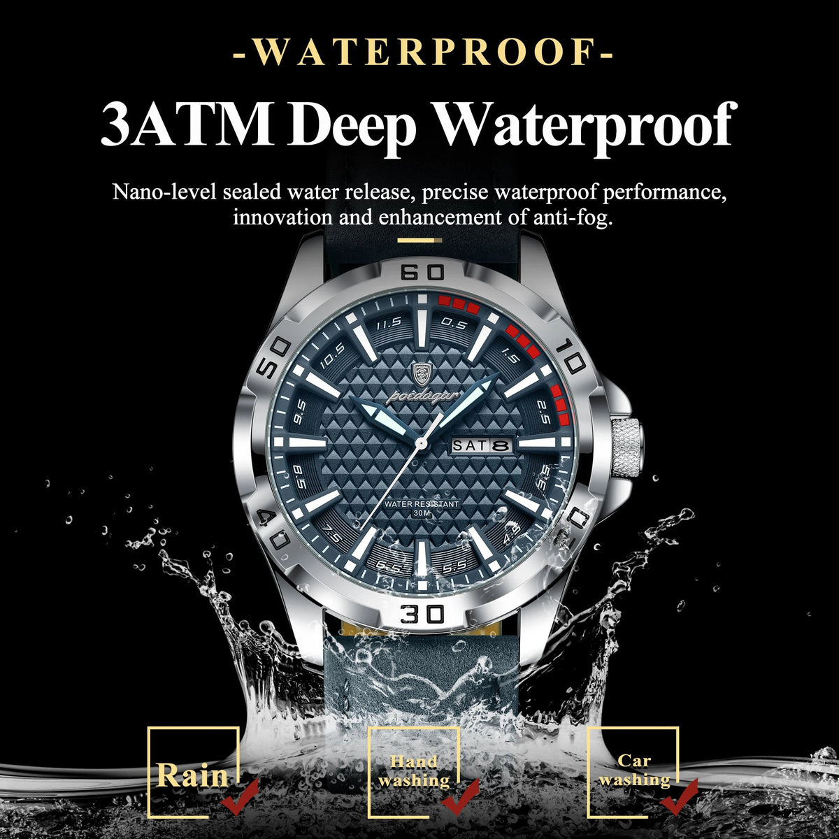 POEDAGAR Original Man Wristwatch Top Luxury Waterproof Luminous Date Week Watch For Men Quartz Sport Leather Men's Watches Reloj Good Vibrations