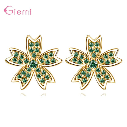 Charm 925 Sterling Silver Jewelry Sets Shiny Cherry Blossoms Cubic Zircon Necklace Earrings Bracelet for Women Girls Party Gift Good Vibrations