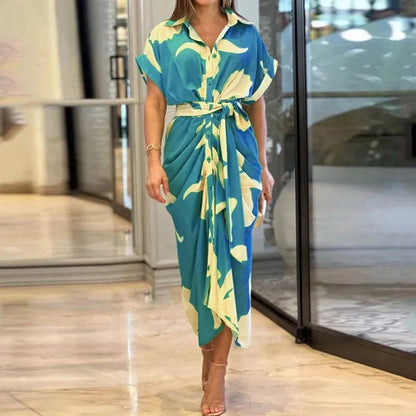 Elegant Dresses For Lady Vestidos 2026 Woman Dress Vestido Commuting Temperament Printed Irregular Leace-up Lapel Slim Contrast Good Vibrations
