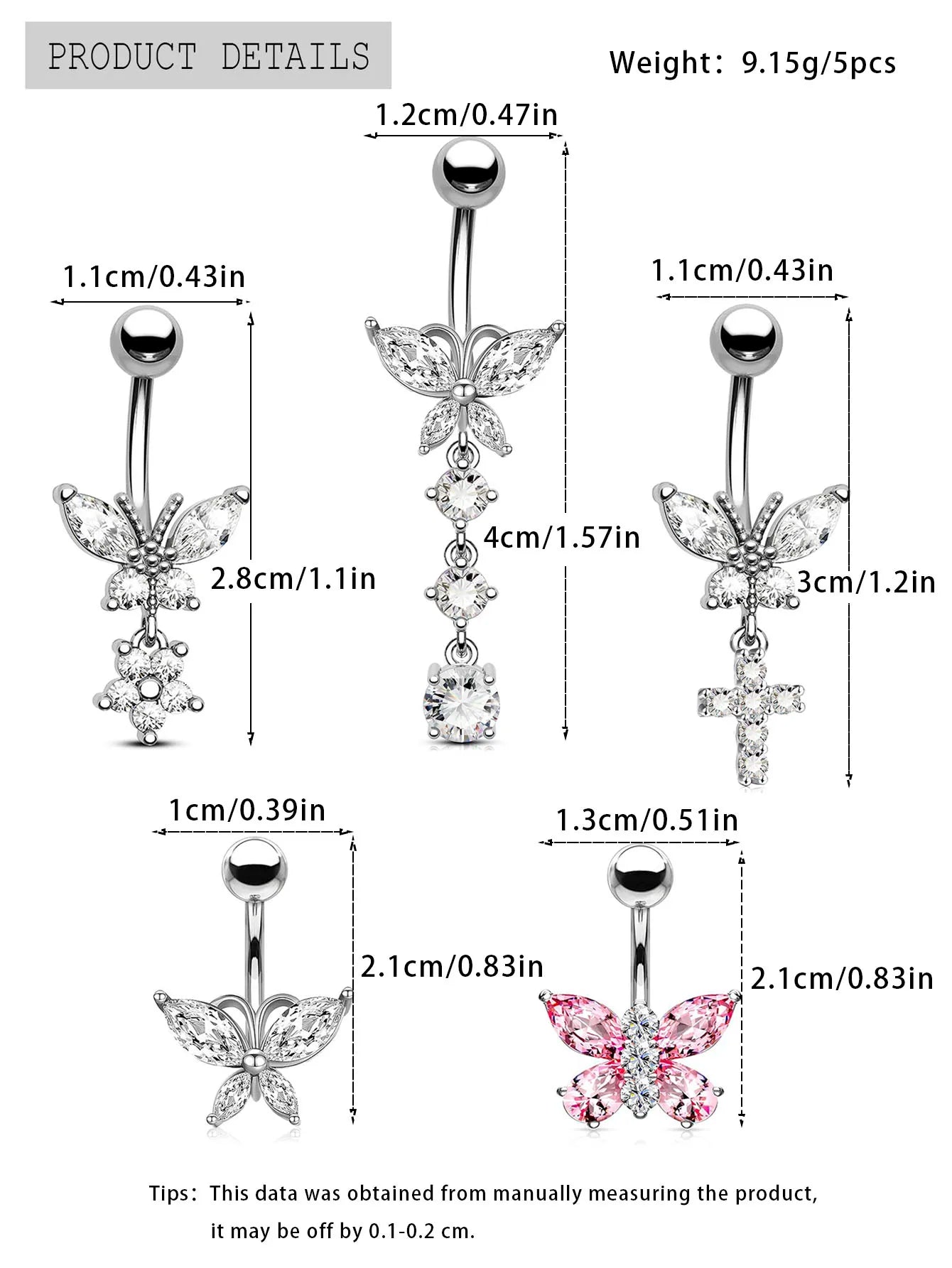 Butterfly Dangle Belly Button Ring Surgical Steel Navel Rings Pink Zircon Umbilical Ring Hypoallergenic Tummy Ring  Piercing Good Vibrations Adult Super Store