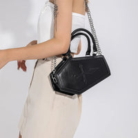 Women Crossbody Bag Large Capacity Coffin Shape Phone Shoulder Bag Halloween PU Top Handle Bag for Travel Make Up Cosmetic Bag Good Vibrations