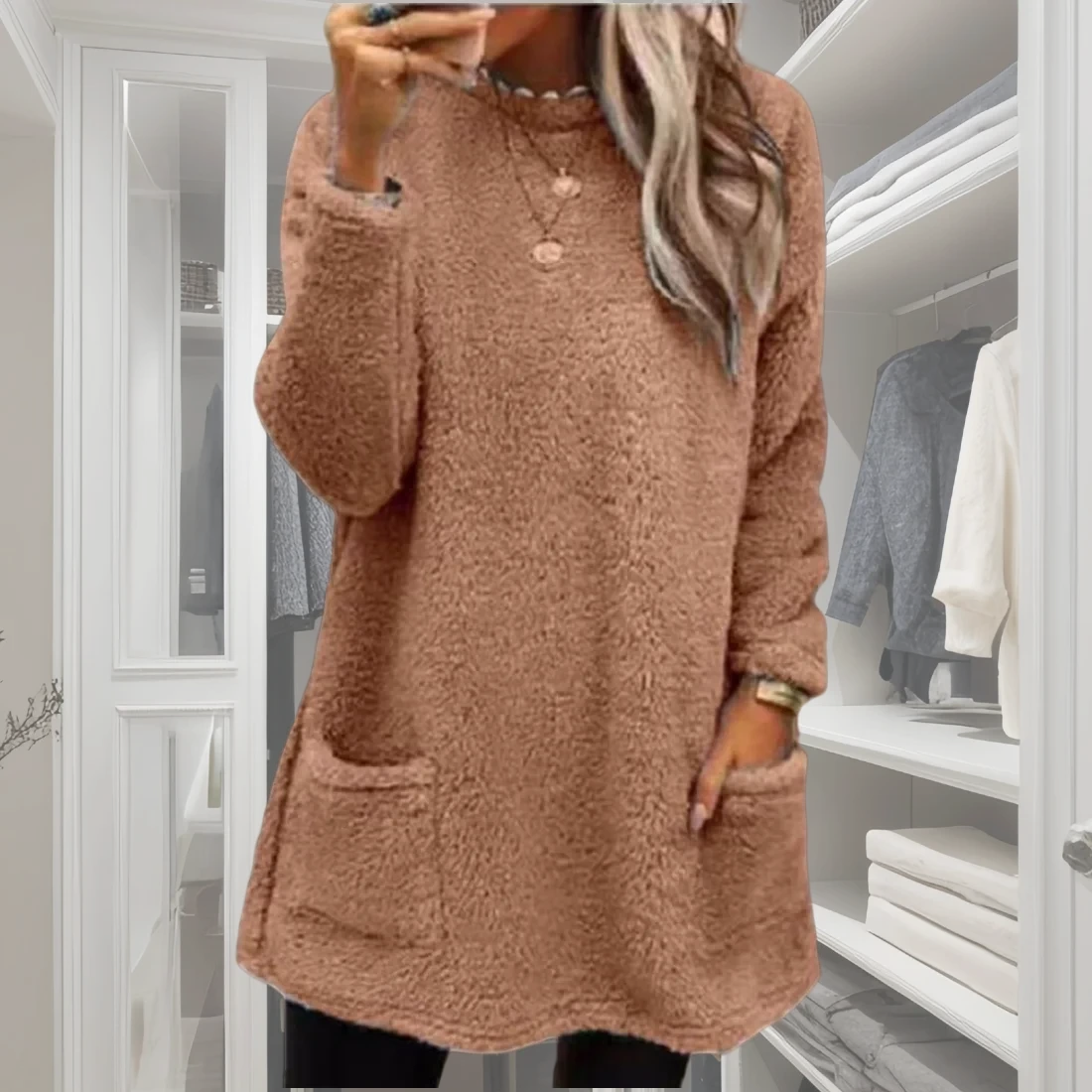 2025 Women Fall Winter Sweatshirt Thick Plush Windproof Sweatshirt Half-high Collar Warm Casual Mid Length Pockets Sweatshirt Good Vibrations