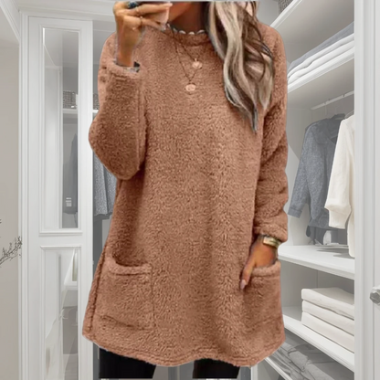 2025 Women Fall Winter Sweatshirt Thick Plush Windproof Sweatshirt Half-high Collar Warm Casual Mid Length Pockets Sweatshirt Good Vibrations