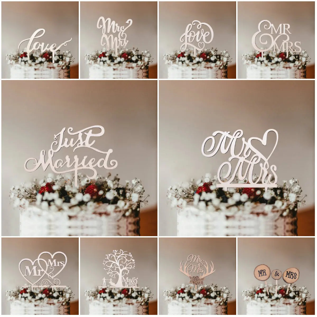1Pcs Hollow Letter Love Just Married Mr&Mrs Cake Topper Bride and Groom Wooden Wedding Cake Topper For Wedding Party Supplies Good Vibrations