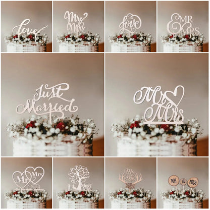 1Pcs Hollow Letter Love Just Married Mr&Mrs Cake Topper Bride and Groom Wooden Wedding Cake Topper For Wedding Party Supplies Good Vibrations
